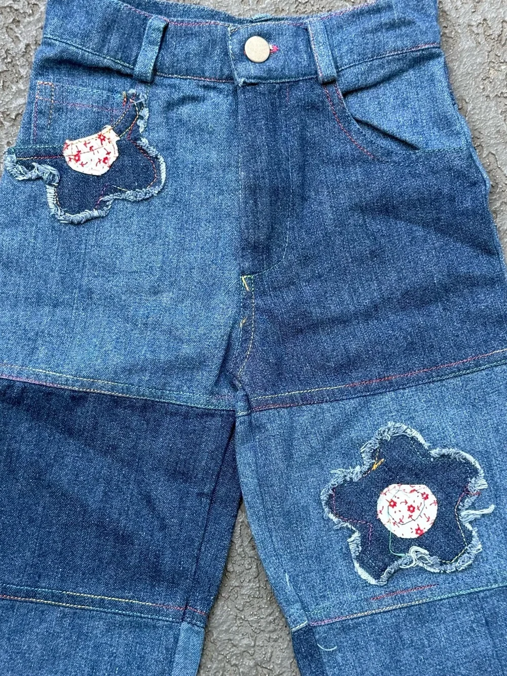 Vintage Kids Blue Patchwork Denim Pants with Floral Appliqué
